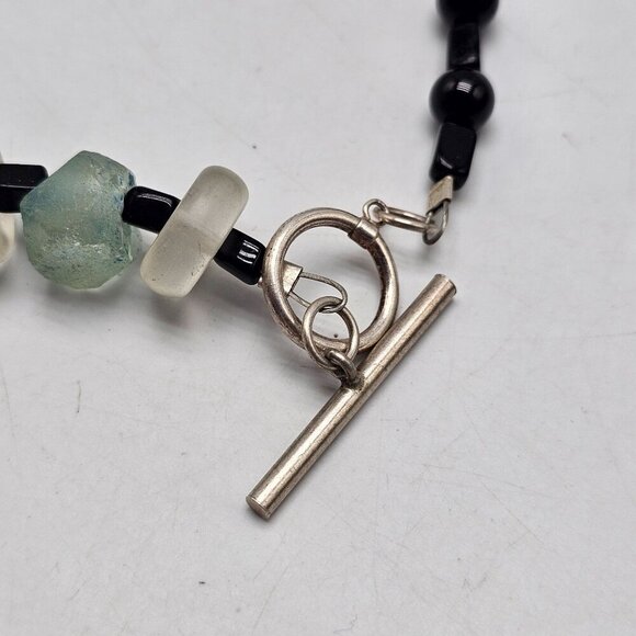 Handcrafted Recycled Green Glass Black Bead Necklace With Toggle Clasp - Picture 5 of 6